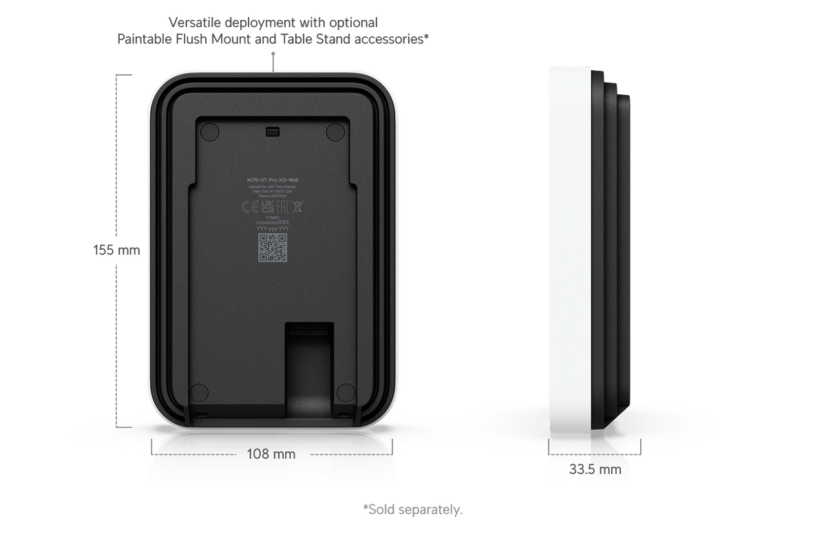 Ubiquiti U7-Pro-XG-Wall UniFi U7 Pro XG Wall rear and side dimension diagram showing 155mm height, 108mm width and 33.5mm depth