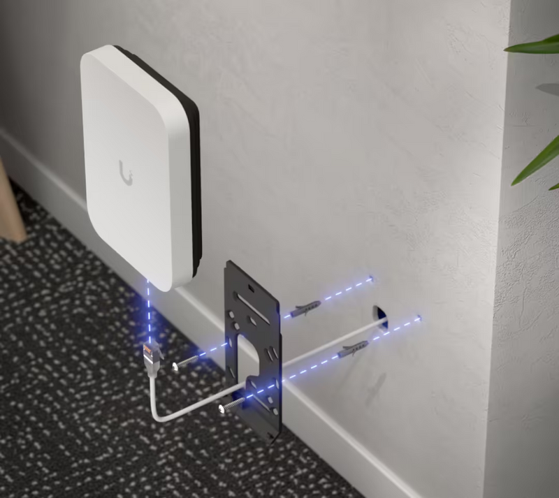 Ubiquiti U7-Pro-XG-Wall UniFi U7 Pro XG Wall exploded installation showing in-wall Ethernet cabling, mounting bracket, screws and wall plugs