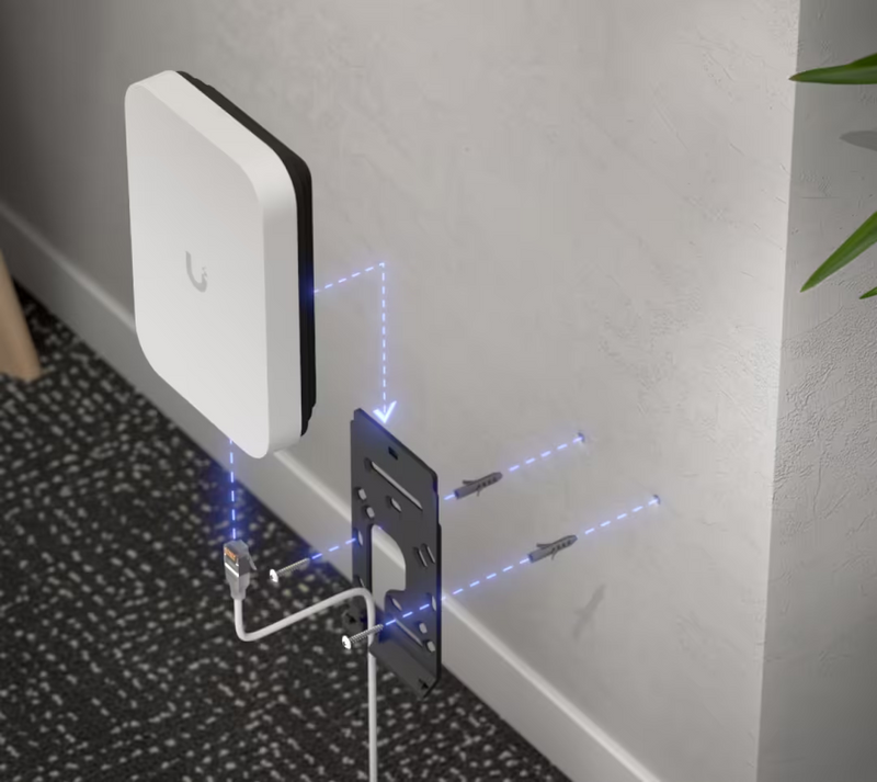 Ubiquiti U7-Pro-XG-Wall UniFi U7 Pro XG Wall installation diagram showing surface-routed Ethernet cabling and a downward mounting arrow