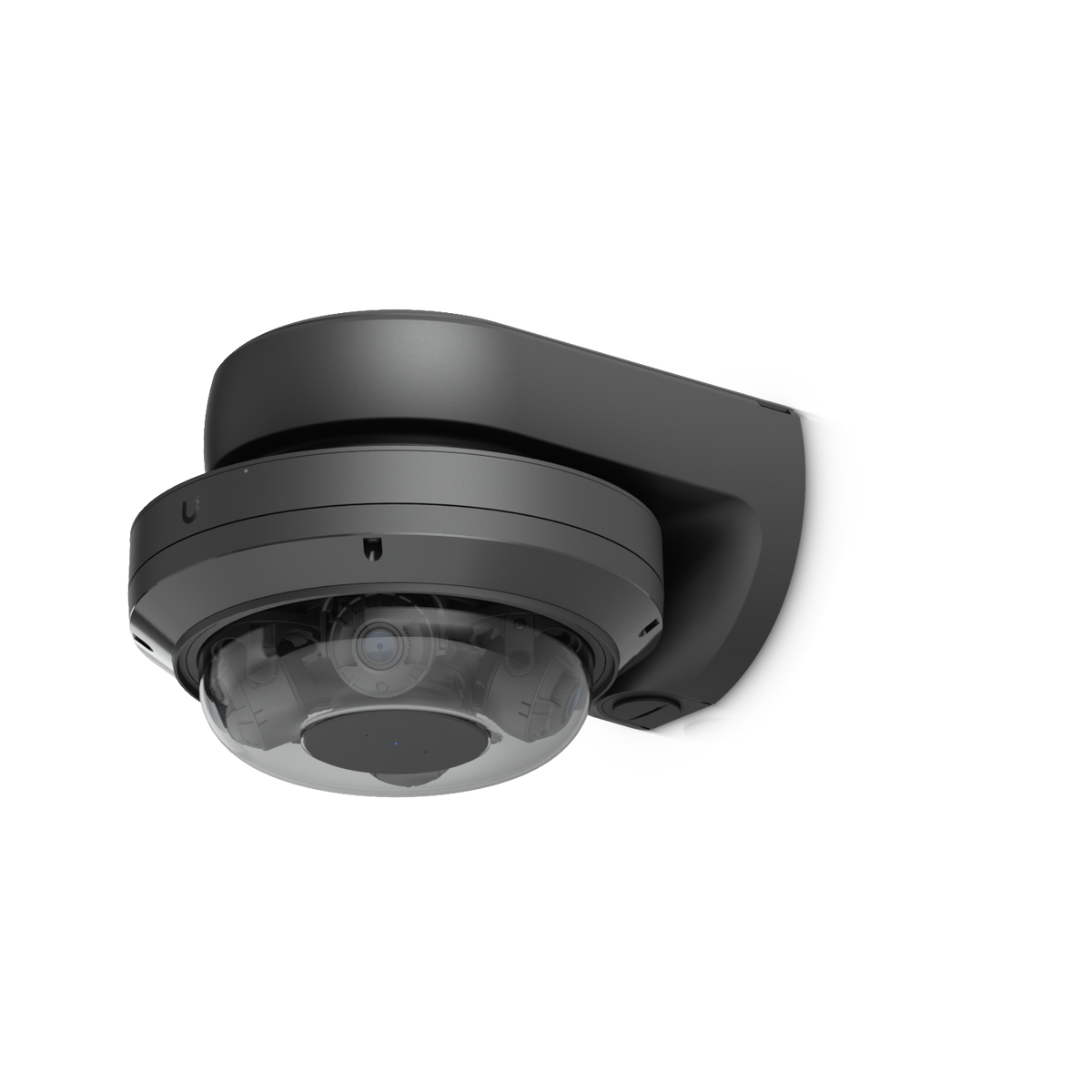 Ubiquiti UACC-AI-MS-4-AM-B UniFi AI Multi Sensor 4 black camera arm mount with attached dome camera, viewed from below.