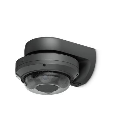 Ubiquiti UACC-AI-MS-4-AM-B UniFi AI Multi Sensor 4 black camera arm mount with attached dome camera, viewed from below.