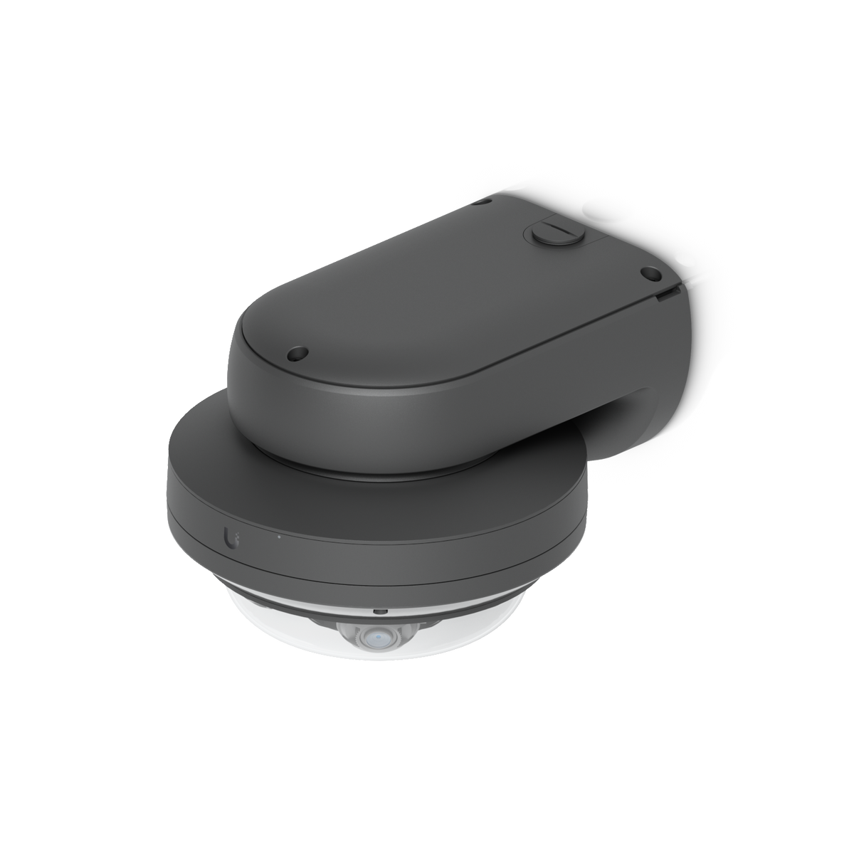 Ubiquiti UACC-AI-MS-4-AM-B UniFi AI Multi Sensor 4 black camera arm mount with attached dome camera, viewed at an elevated angle showing the top cover.