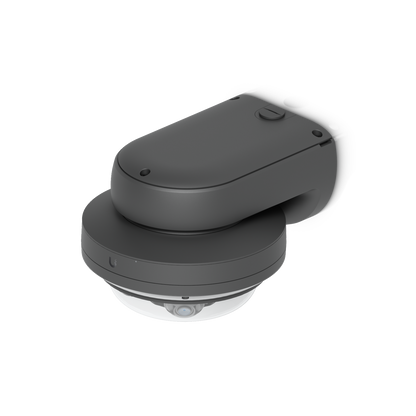 Ubiquiti UACC-AI-MS-4-AM-B UniFi AI Multi Sensor 4 black camera arm mount with attached dome camera, viewed at an elevated angle showing the top cover.