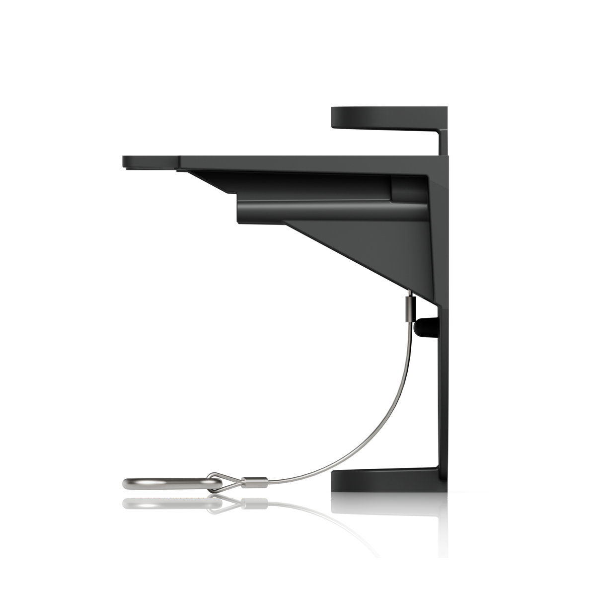 Side view of the wall bracket for the Ubiquiti UACC-AI-MS-4-AM-B UniFi AI Multi Sensor 4 black camera arm mount, showing the safety tether and clip.
