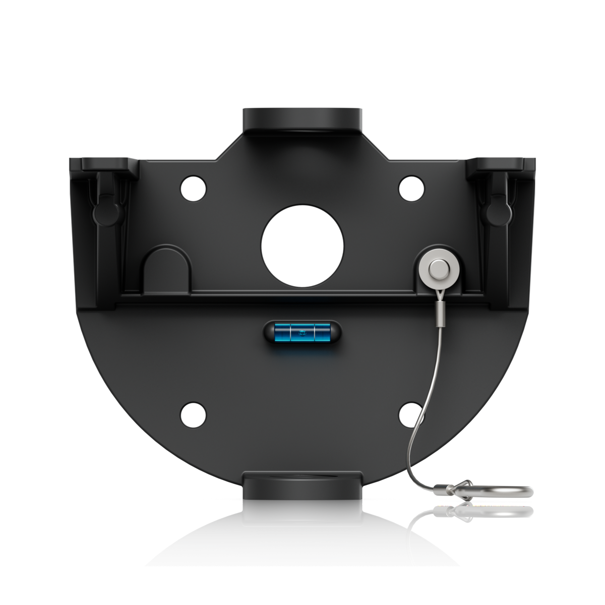 Wall plate for the Ubiquiti UACC-AI-MS-4-AM-B UniFi AI Multi Sensor 4 black camera arm mount, showing the built-in spirit level and safety tether.