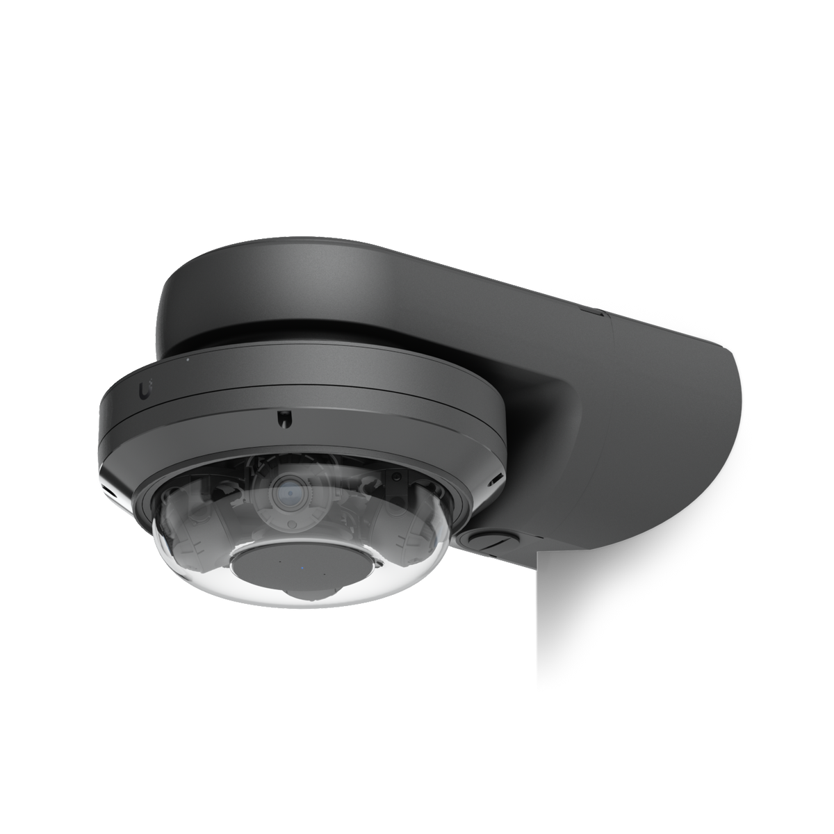 Ubiquiti UACC-AI-MS-4-AM-B UniFi AI Multi Sensor 4 black camera arm mount, angled view showing the curved support and attached dome camera.