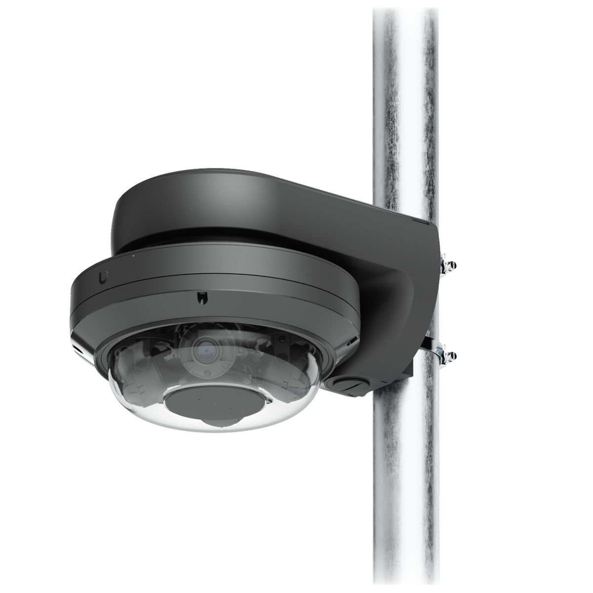 Ubiquiti UACC-AI-MS-4-AM-B UniFi AI Multi Sensor 4 black camera arm mount supporting a dome camera on a pole with two metal straps.