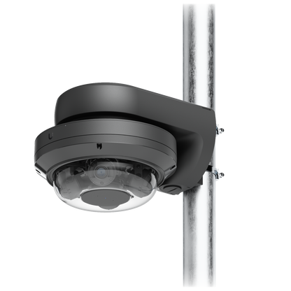 Ubiquiti UACC-AI-MS-4-AM-B UniFi AI Multi Sensor 4 black camera arm mount supporting a dome camera on a pole with two metal straps.