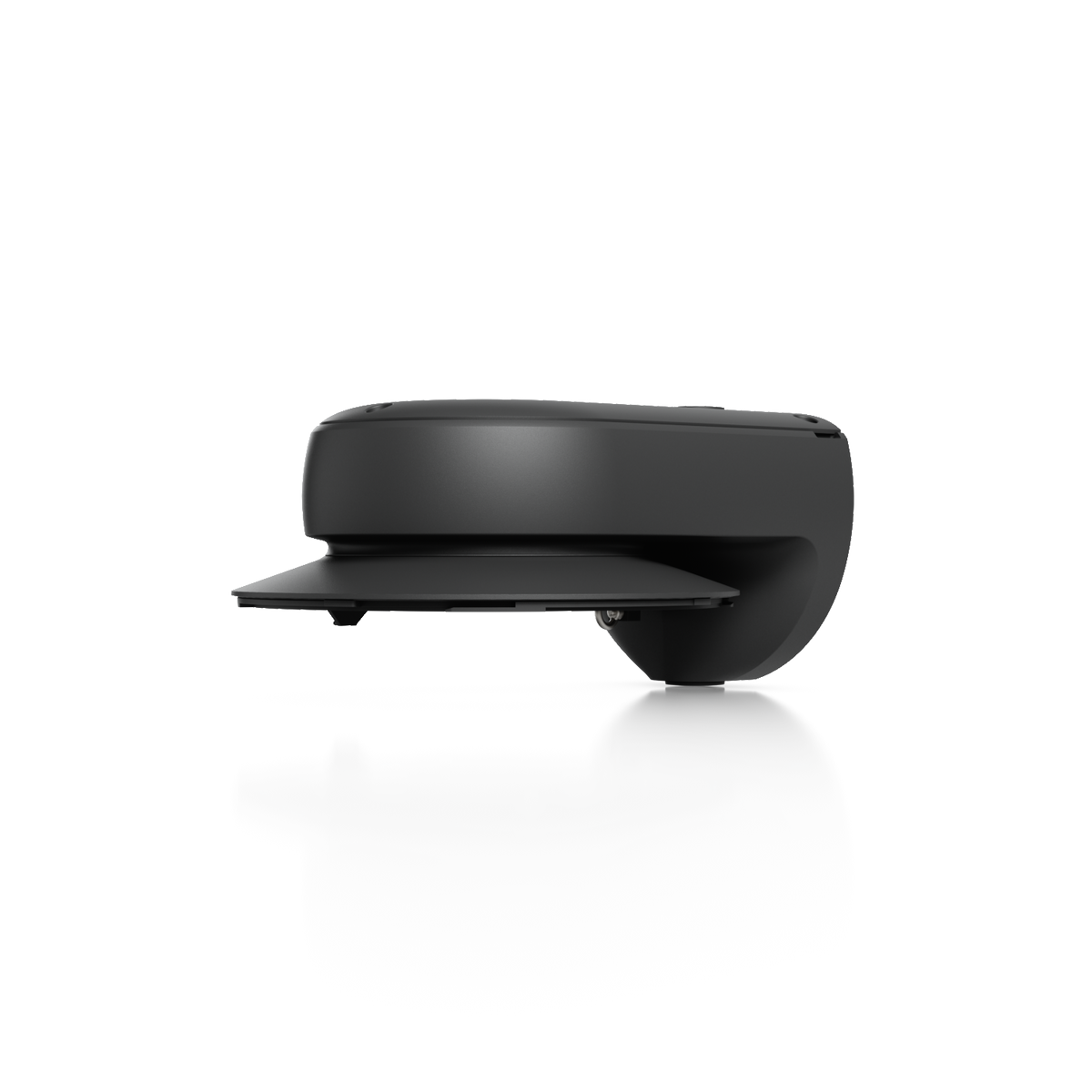 Ubiquiti UACC-AI-MS-4-AM-B UniFi AI Multi Sensor 4 black camera arm mount, three-quarter side view showing the mounting flange and curved support.