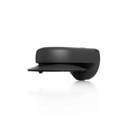 Ubiquiti UACC-AI-MS-4-AM-B UniFi AI Multi Sensor 4 black camera arm mount, three-quarter side view showing the mounting flange and curved support.