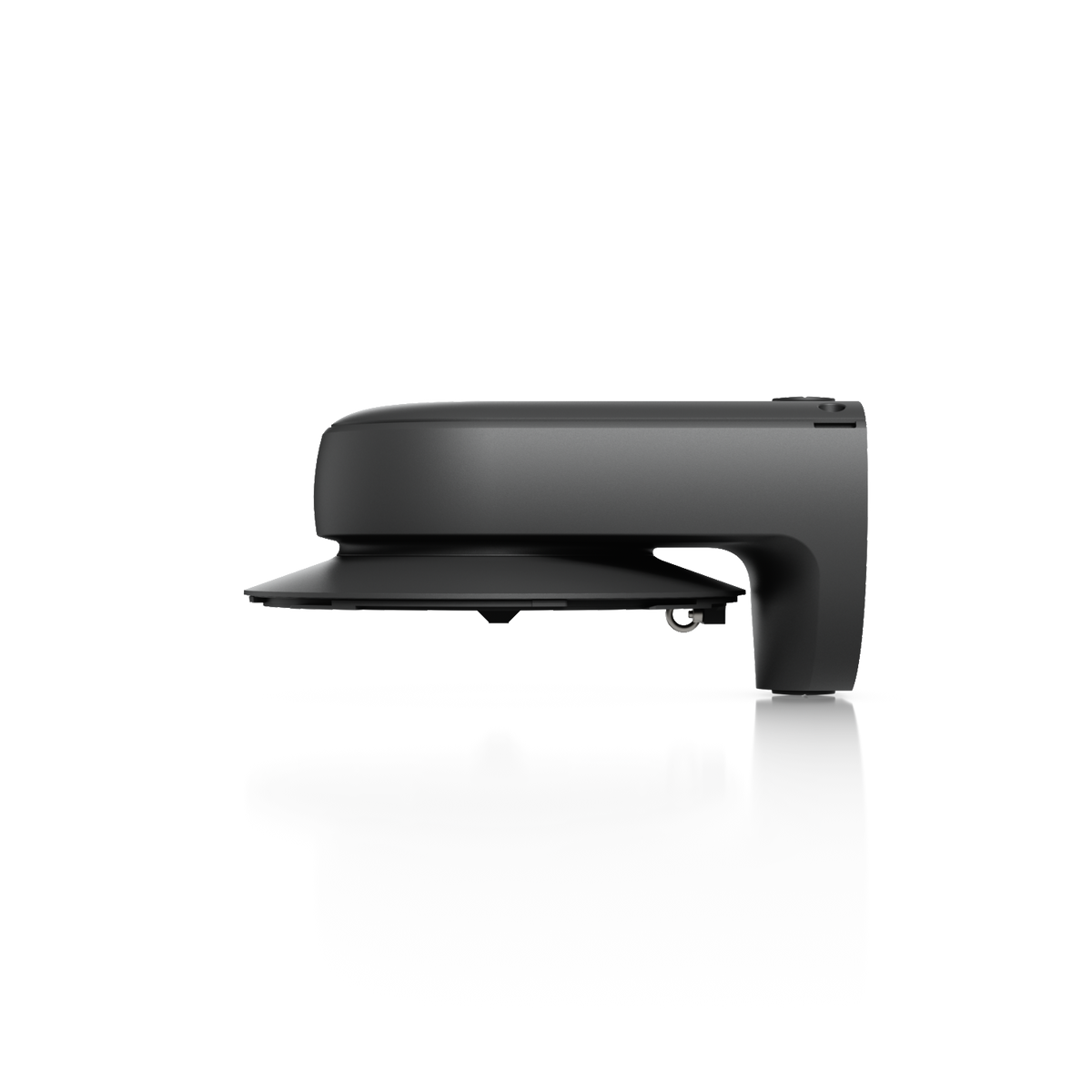 Ubiquiti UACC-AI-MS-4-AM-B UniFi AI Multi Sensor 4 black camera arm mount in side profile, showing the projecting arm and vertical rear plate.