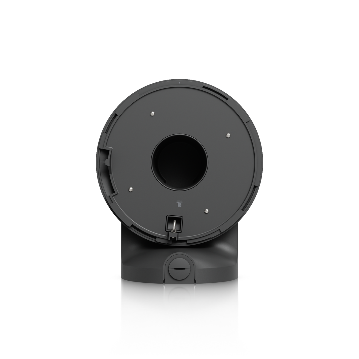 Ubiquiti UACC-AI-MS-4-AM-B UniFi AI Multi Sensor 4 black camera arm mount underside, showing the circular mounting plate, central opening and clip.