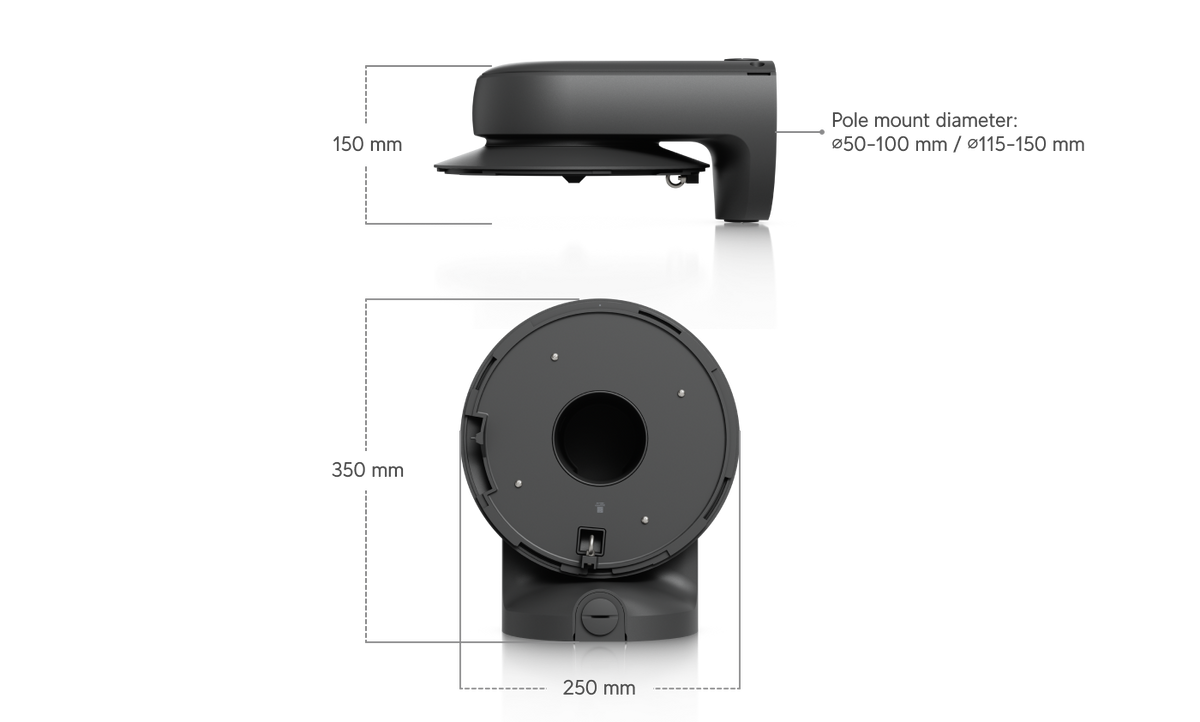 Ubiquiti UACC-AI-MS-4-AM-B UniFi AI Multi Sensor 4 black camera arm mount dimensions showing 350mm length, 150mm height and pole diameters of 50–100mm or 115–150mm.