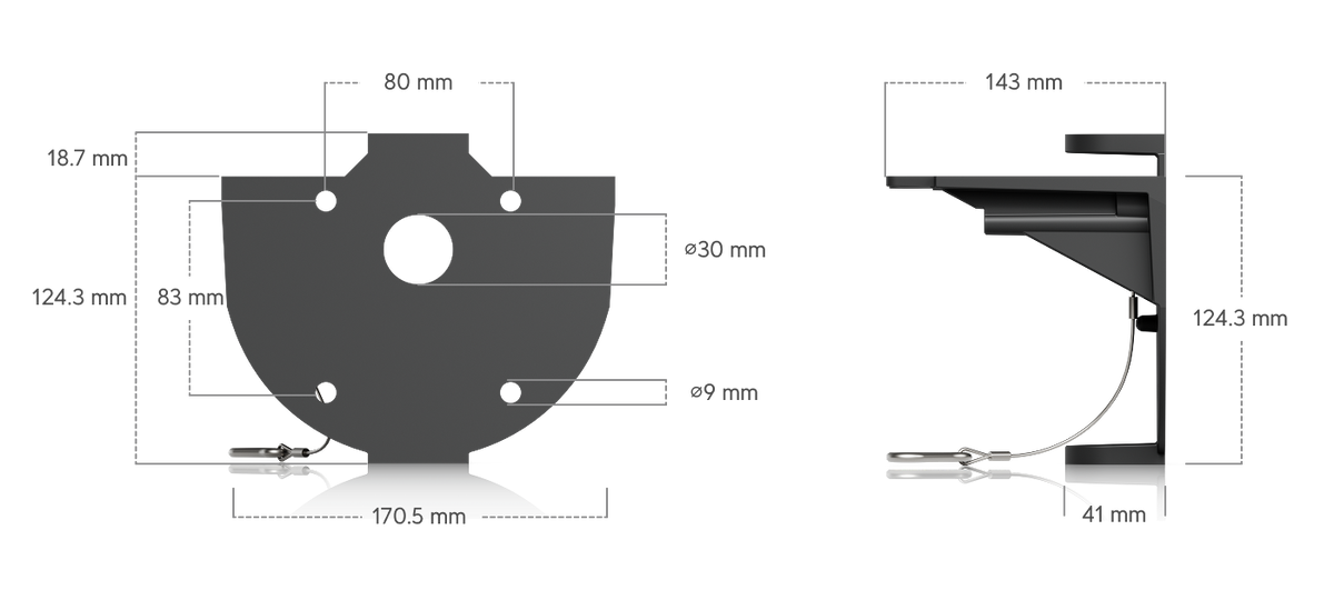 Wall bracket dimension diagram for the Ubiquiti UACC-AI-MS-4-AM-B UniFi AI Multi Sensor 4 black camera arm mount, showing front and side views, fixing hole spacing and safety tether.