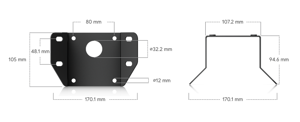 Mounting adaptor dimension diagram for the Ubiquiti UACC-AI-MS-4-AM-B UniFi AI Multi Sensor 4 black camera arm mount, showing 170.1mm width, 105mm height and angled side flanges.