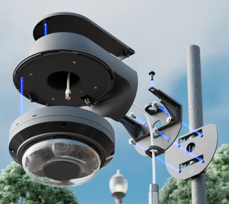 Ubiquiti UACC-AI-MS-4-AM-B UniFi AI Multi Sensor 4 black camera arm mount, exploded pole installation view showing the mounting plate and cable routing.