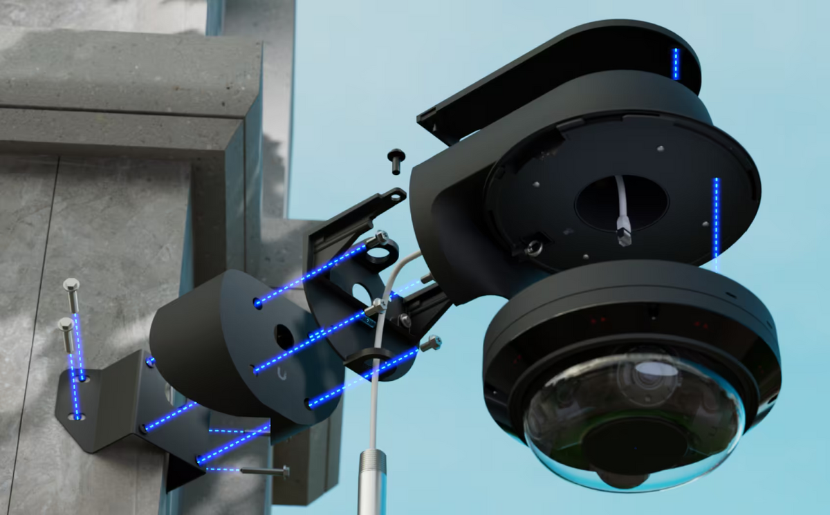 Ubiquiti UACC-AI-MS-4-AM-B UniFi AI Multi Sensor 4 black camera arm mount, exploded corner installation view showing the adaptor, bracket, fixings and dome camera.