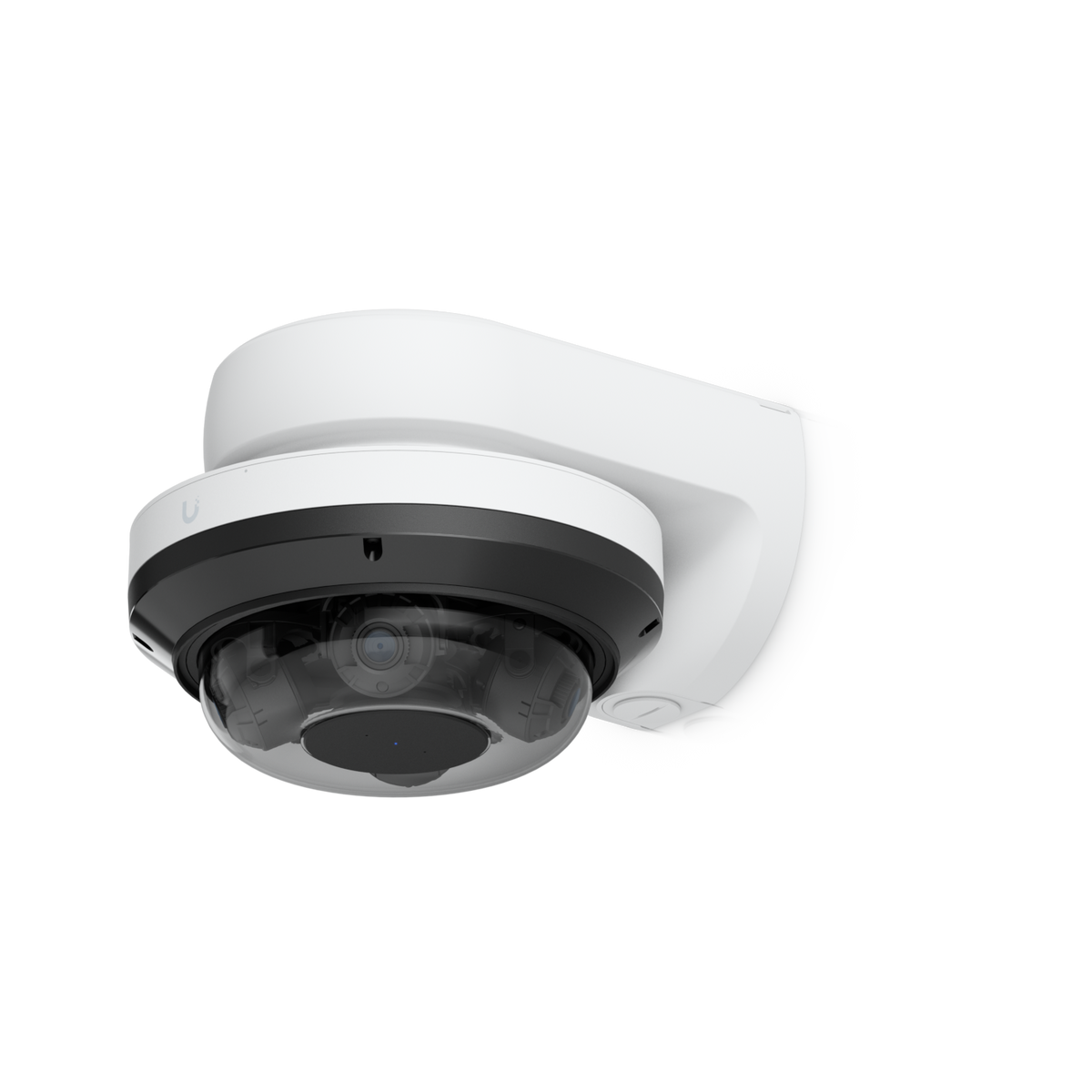Ubiquiti UACC-AI-MS-4-AM-W UniFi AI Multi Sensor 4 camera arm mount in white, viewed from below with a camera fitted.