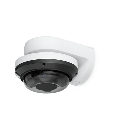 Ubiquiti UACC-AI-MS-4-AM-W UniFi AI Multi Sensor 4 camera arm mount in white, viewed from below with a camera fitted.