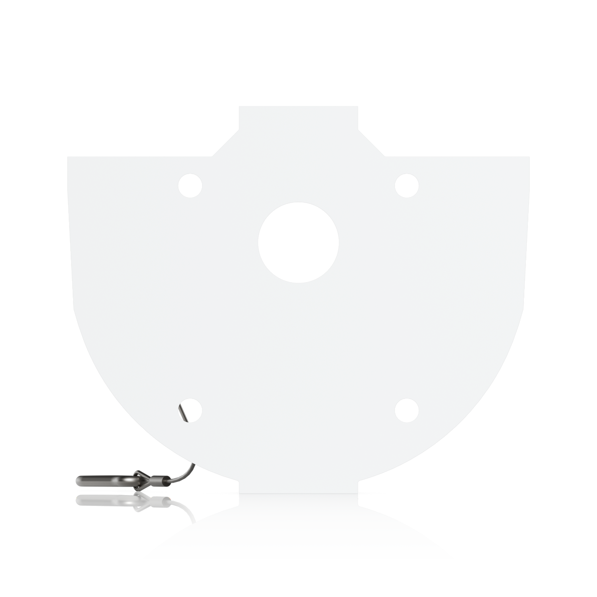 White wall mounting plate for the Ubiquiti UACC-AI-MS-4-AM-W UniFi AI Multi Sensor 4 camera arm mount, showing fixing holes and a safety tether.
