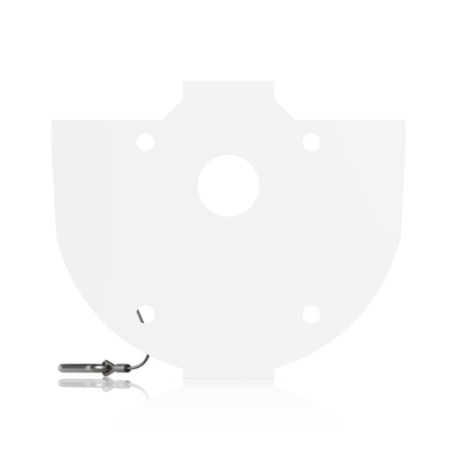 White wall mounting plate for the Ubiquiti UACC-AI-MS-4-AM-W UniFi AI Multi Sensor 4 camera arm mount, showing fixing holes and a safety tether.
