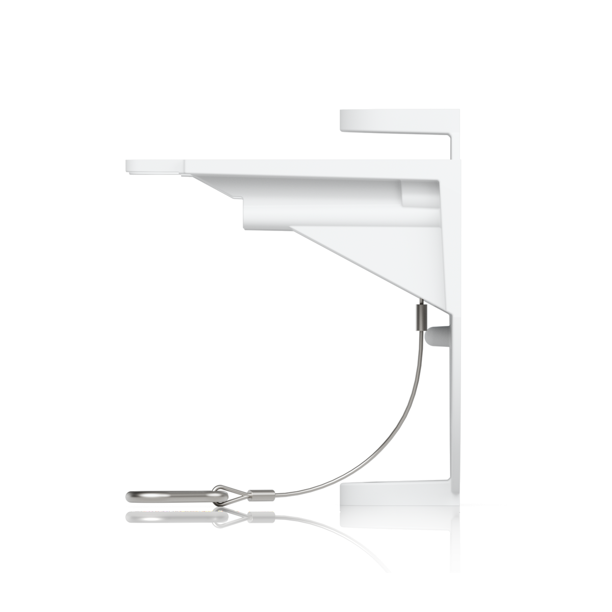 White wall bracket for the Ubiquiti UACC-AI-MS-4-AM-W UniFi AI Multi Sensor 4 camera arm mount, side view showing the support rib and safety tether.