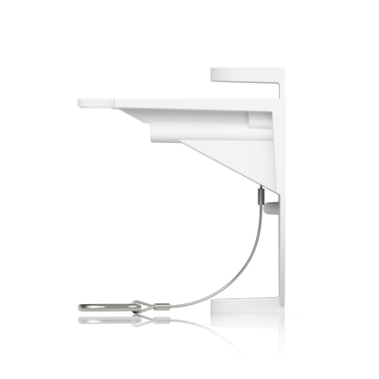 White wall bracket for the Ubiquiti UACC-AI-MS-4-AM-W UniFi AI Multi Sensor 4 camera arm mount, side view showing the support rib and safety tether.