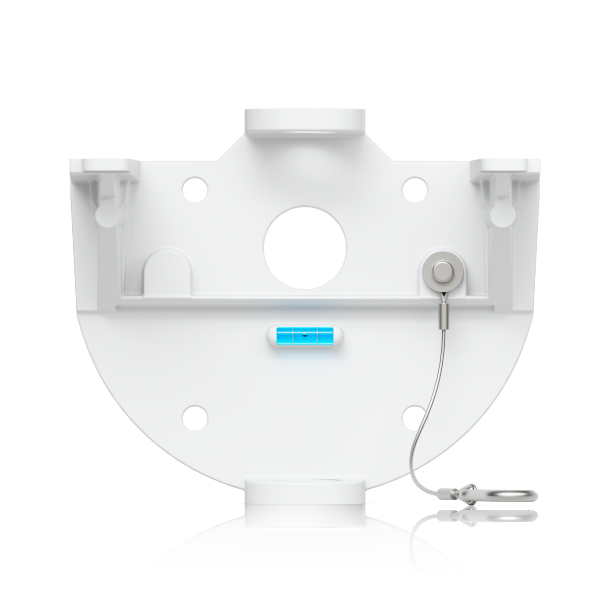 White wall bracket for the Ubiquiti UACC-AI-MS-4-AM-W UniFi AI Multi Sensor 4 camera arm mount, inner view showing the spirit level and safety tether.