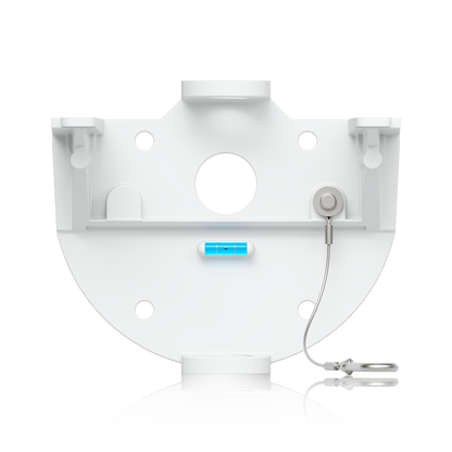 White wall bracket for the Ubiquiti UACC-AI-MS-4-AM-W UniFi AI Multi Sensor 4 camera arm mount, inner view showing the spirit level and safety tether.