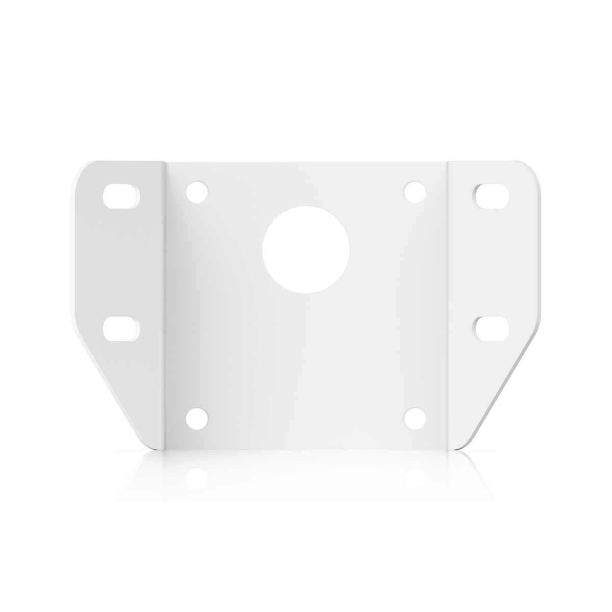 White mounting adapter for the Ubiquiti UACC-AI-MS-4-AM-W UniFi AI Multi Sensor 4 camera arm mount, showing slotted flanges and a central cable opening.