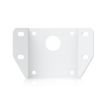 White mounting adapter for the Ubiquiti UACC-AI-MS-4-AM-W UniFi AI Multi Sensor 4 camera arm mount, showing slotted flanges and a central cable opening.