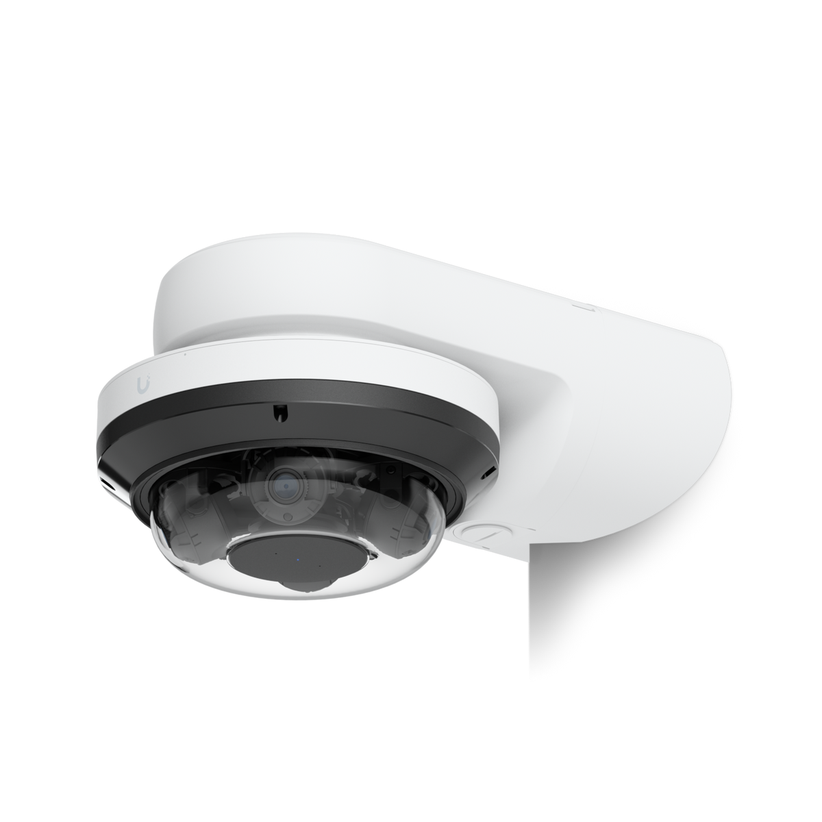 Ubiquiti UACC-AI-MS-4-AM-W UniFi AI Multi Sensor 4 camera arm mount in white, showing an attached camera and extended rear bracket.