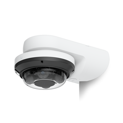 Ubiquiti UACC-AI-MS-4-AM-W UniFi AI Multi Sensor 4 camera arm mount in white, showing an attached camera and extended rear bracket.