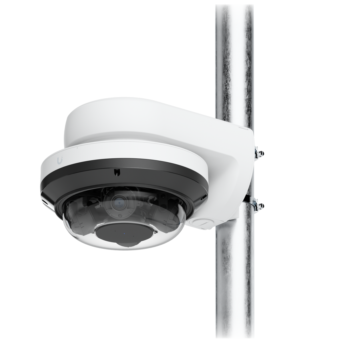Ubiquiti UACC-AI-MS-4-AM-W UniFi AI Multi Sensor 4 camera arm mount in white, secured to a pole with two metal straps and a camera fitted.