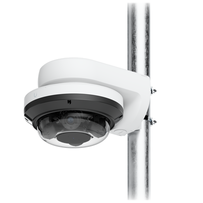 Ubiquiti UACC-AI-MS-4-AM-W UniFi AI Multi Sensor 4 camera arm mount in white, secured to a pole with two metal straps and a camera fitted.