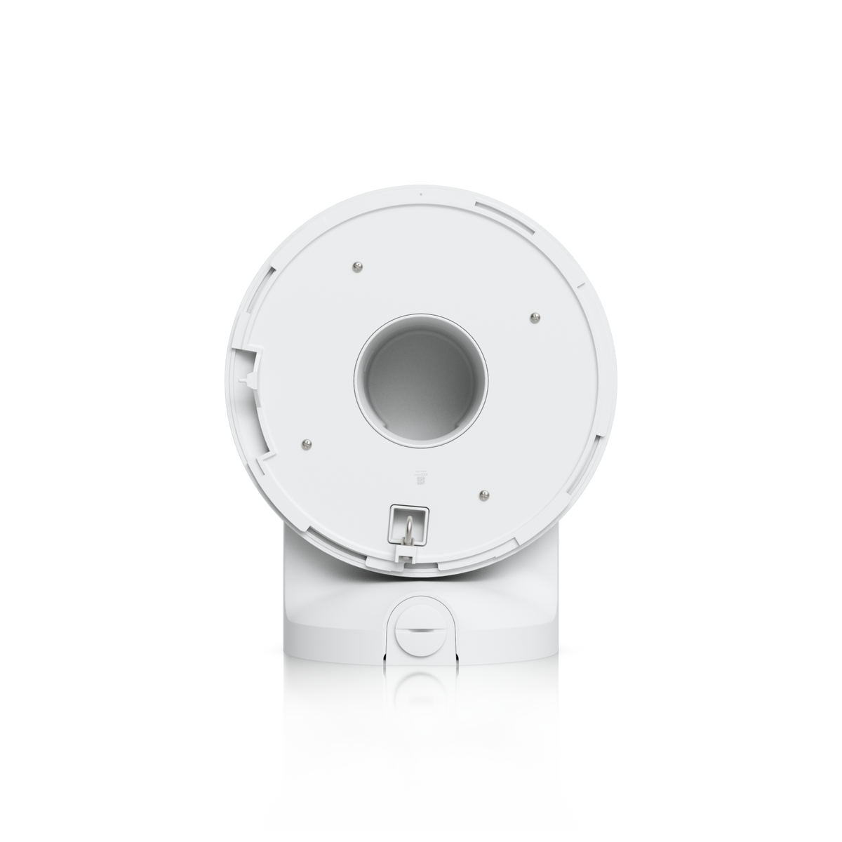 Ubiquiti UACC-AI-MS-4-AM-W UniFi AI Multi Sensor 4 camera arm mount in white, underside showing the circular plate, central opening and retaining clip.