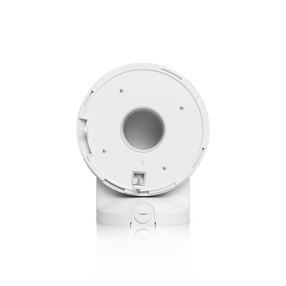 Ubiquiti UACC-AI-MS-4-AM-W UniFi AI Multi Sensor 4 camera arm mount in white, underside showing the circular plate, central opening and retaining clip.