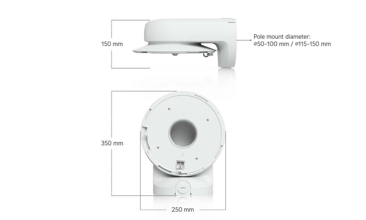 Ubiquiti UACC-AI-MS-4-AM-W UniFi AI Multi Sensor 4 white camera arm mount dimensions: 350mm x 250mm x 150mm, with pole diameter ranges of 50–100mm and 115–150mm.