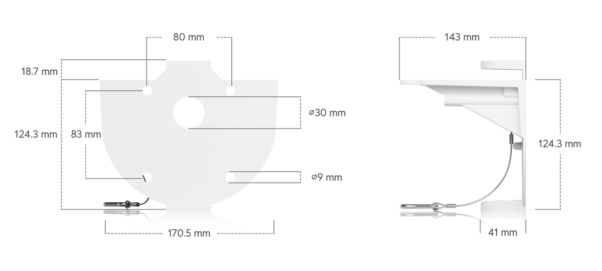 White wall bracket dimension diagram for the Ubiquiti UACC-AI-MS-4-AM-W UniFi AI Multi Sensor 4 camera arm mount, showing 170.5mm width, 143mm projection and fixing hole spacing.