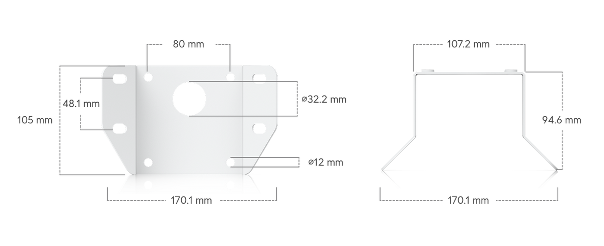 White mounting adapter dimension diagram for the Ubiquiti UACC-AI-MS-4-AM-W UniFi AI Multi Sensor 4 camera arm mount, showing 170.1mm width, slotted fixing holes and angled flanges.