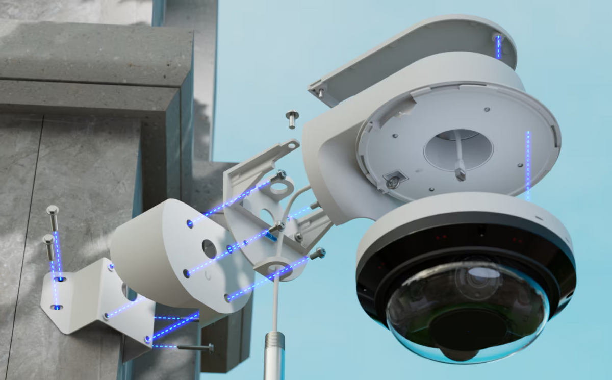 Ubiquiti UACC-AI-MS-4-AM-W UniFi AI Multi Sensor 4 white camera arm mount, exploded corner installation showing brackets, fixings and camera.