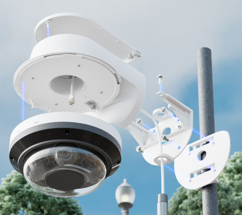 Ubiquiti UACC-AI-MS-4-AM-W UniFi AI Multi Sensor 4 white camera arm mount, exploded pole installation showing the adapter, bracket and camera.