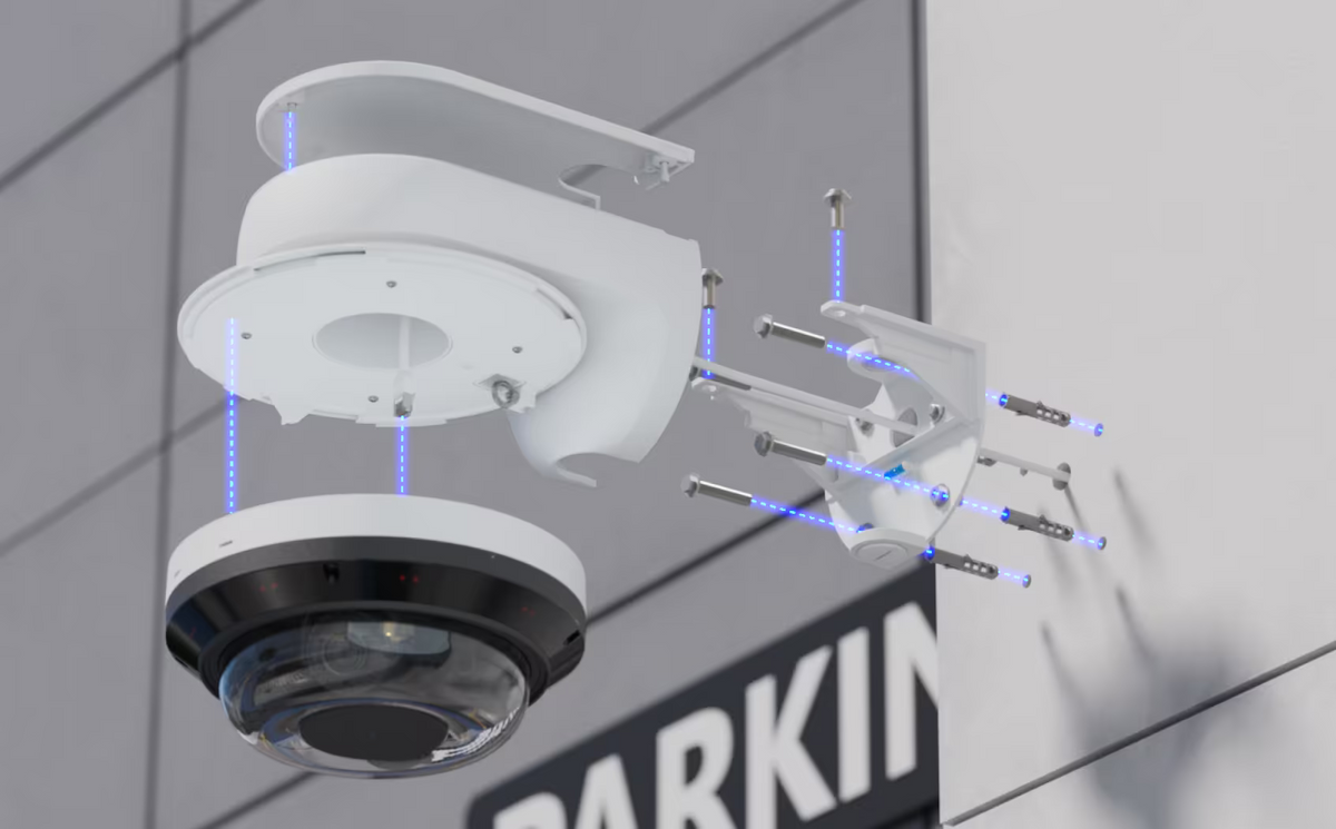 Ubiquiti UACC-AI-MS-4-AM-W UniFi AI Multi Sensor 4 white camera arm mount, exploded wall installation showing the camera, bracket, screws and wall plugs.