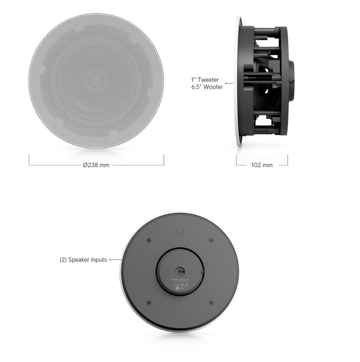 Ubiquiti UACC-In-Ceiling-Speaker UniFi In-Ceiling Speaker dimensions showing 238mm diameter, 102mm depth, 1-inch tweeter and 6.5-inch woofer
