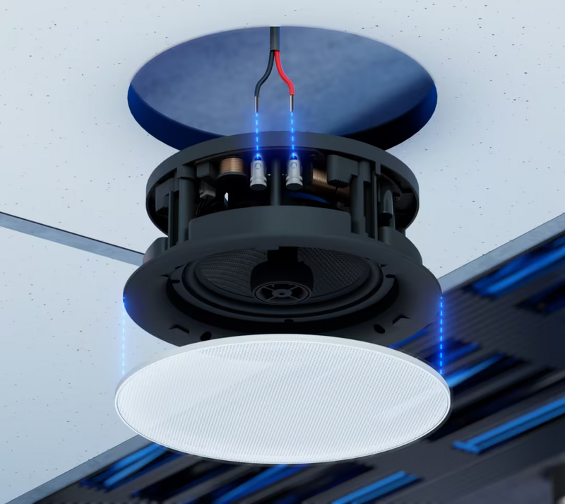 Ubiquiti UACC-In-Ceiling-Speaker UniFi In-Ceiling Speaker installation view showing ceiling cutout, speaker wiring, recessed housing and removable grille