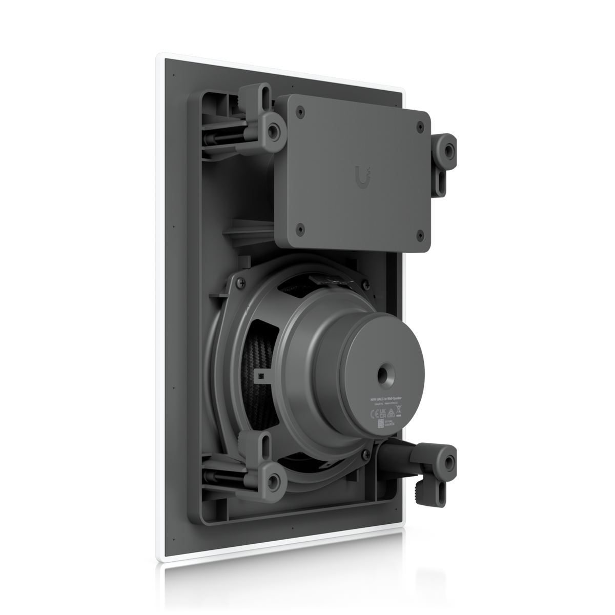 Ubiquiti UACC-In-Wall-Speaker UniFi In-Wall Speaker rear angled view showing woofer, connection housing and mounting clamps