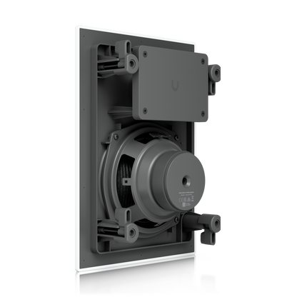 Ubiquiti UACC-In-Wall-Speaker UniFi In-Wall Speaker rear angled view showing woofer, connection housing and mounting clamps