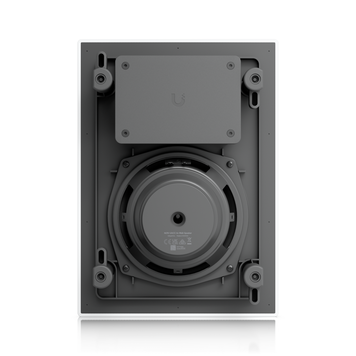 Ubiquiti UACC-In-Wall-Speaker UniFi In-Wall Speaker rear view showing woofer assembly, terminal housing and four mounting clamps