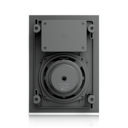 Ubiquiti UACC-In-Wall-Speaker UniFi In-Wall Speaker rear view showing woofer assembly, terminal housing and four mounting clamps