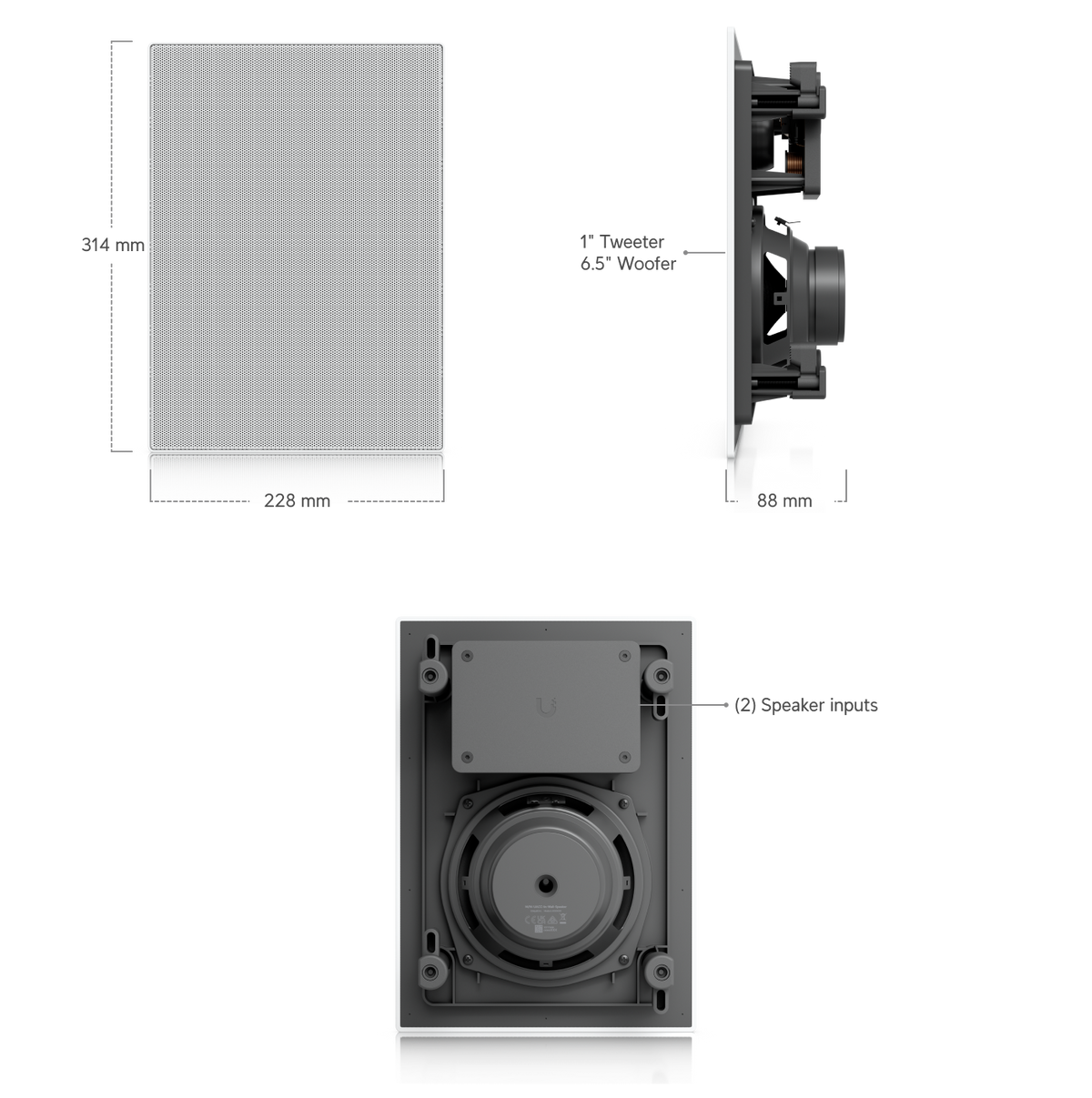 Ubiquiti UACC-In-Wall-Speaker UniFi In-Wall Speaker dimensions showing 314mm x 228mm face, 1″ tweeter, 6.5″ woofer and dual speaker inputs